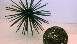 Top left: Sea Urchin; welded spikes, blue marbles; 18" diameter. Bottom right: Round Midnite; welded washers; 8" diameter Top left: Sea Urchin; welded spikes, blue marbles; 18" diameter. Bottom right: Round Midnite; welded washers; 8" diameter