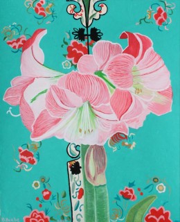 Pink Amaryllis on Embroidered Chinese Robe, gouache on paper, 17" x 14"