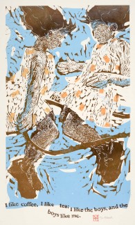 I Like Coffee, I like Tea, woodblock and linoleum print, 21" x 36"