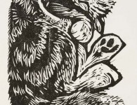 Cat in Box, woodcut, 12" x 8"