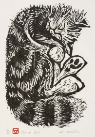 Cat in Box, woodcut, 12" x 8"