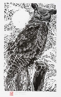 Horned Owl, woodblock print,  16" x 26"