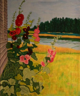 Hollyhocks at Ivan's, gouache on paper, 24" x 21" framed
