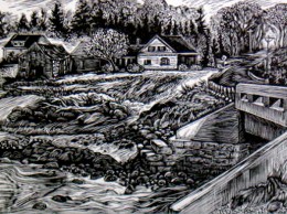 Town Line, Spring, wood engraving, 3" x 4"