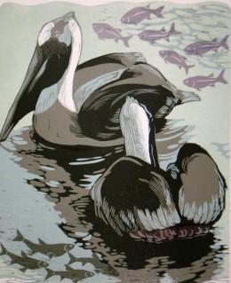 Dreaming Pelicans, 5-color reduction woodcut, 17" x 13.5"