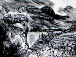"Grand Canyon," wood engraving, 3" x 2"