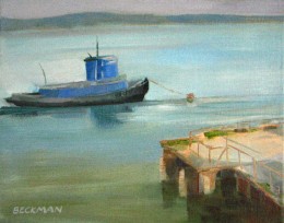 "Blue Tug," oil on canvas, 8" x 10"