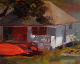"Kayaks at Rest," oil on canvas, 8" x 10"