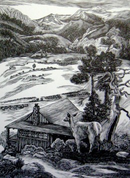 "Moraine-Park," wood engraving, 8" x 6"