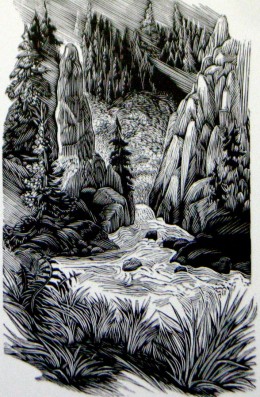 "Yellowstone," wood engraving, 4 1/4" x 2 5/8"