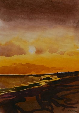 Coastal Sunset, watercolor on paper, 8 1/4" x 6"