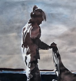 Girl Holding Driftwood, watercolor on paper, 18 1/2" x 18 1/2"