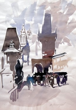 Medieval Town, gouache on paper, 11 5/8" x 8 3/8"