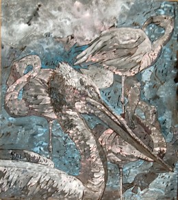 Pelican and Flamingos, acrylic on board, 17" x 19 1/8"