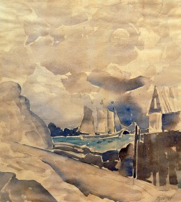 Schooner, watercolor on paper, 11 1/4" x 10 1/8"