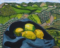 Barbara Beebe, Spanish Landscape with Lemons in a Black Hat, gouache on paper, 14" x 17"