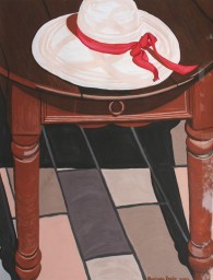 Barbara Beebe, Summer Hat on a Table, Italy, gouache on paper, 17" x 14"