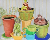 Barbara Beebe, Fiesta Ware Cups with Asparagus and Potted Plants, gouache on paper, 14" x 17"