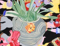 Barbara Beebe, Spring Flowers with Burmese Embroidery, gouache on paper, 14" x 17"
