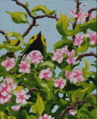 Susan Beebe, Black-throated Green Warbler in Apple Tree, oil on canvas, 14" x 11"