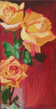Susan Beebe, Three Yellow Roses, oil on canvas, 16" x 8"