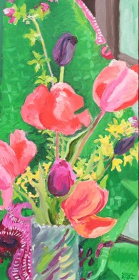 Susan Beebe, Orange and Purple Tulips with Balinese Fabric, oil on canvas, 24" x 12"