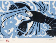 Blue Lobster, woodblock and linoleum print, 11" x 20"