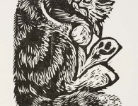 Cat in Box, woodcut, 12" x 8"