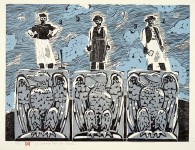 150 Working Days per Eagle, woodblock and linoleum print, 20" x 17"
