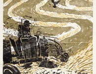 Raking With the Allis, woodblock and linoleum print, 32" x 24"