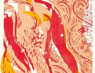 Love Up to Here, woodblock and linoleum print, 38" x 18"